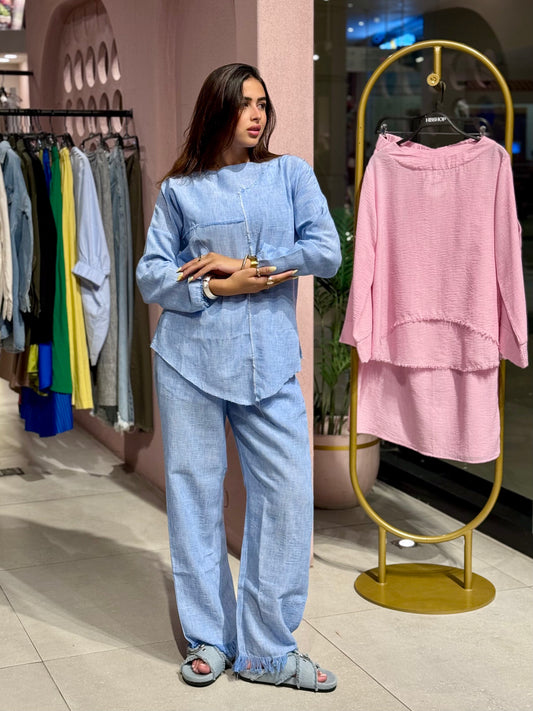 fringe pants set in blue