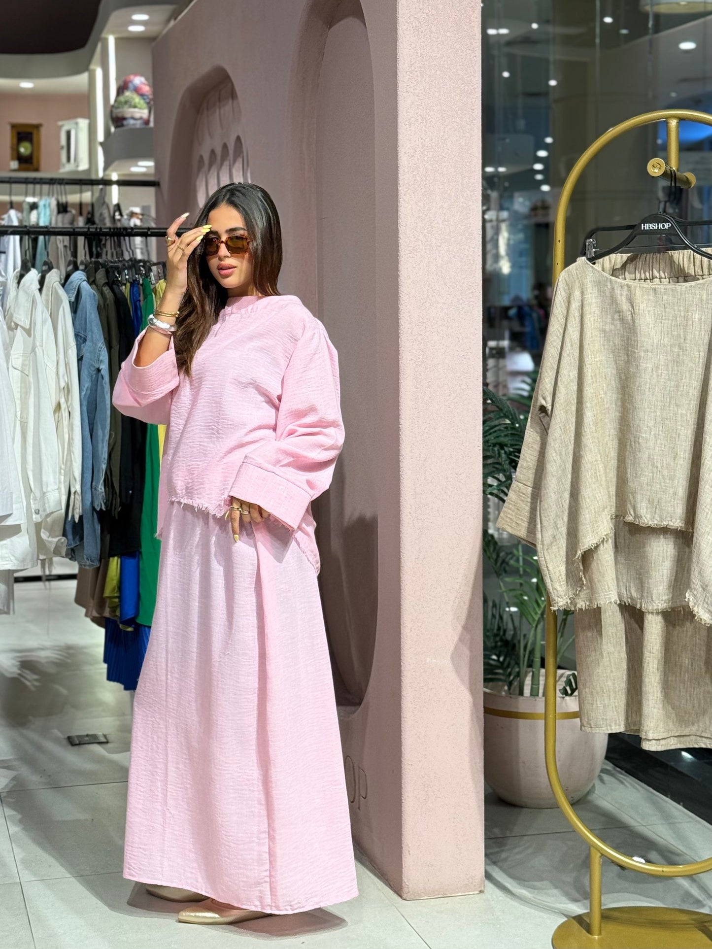 modest skirt set in cafe