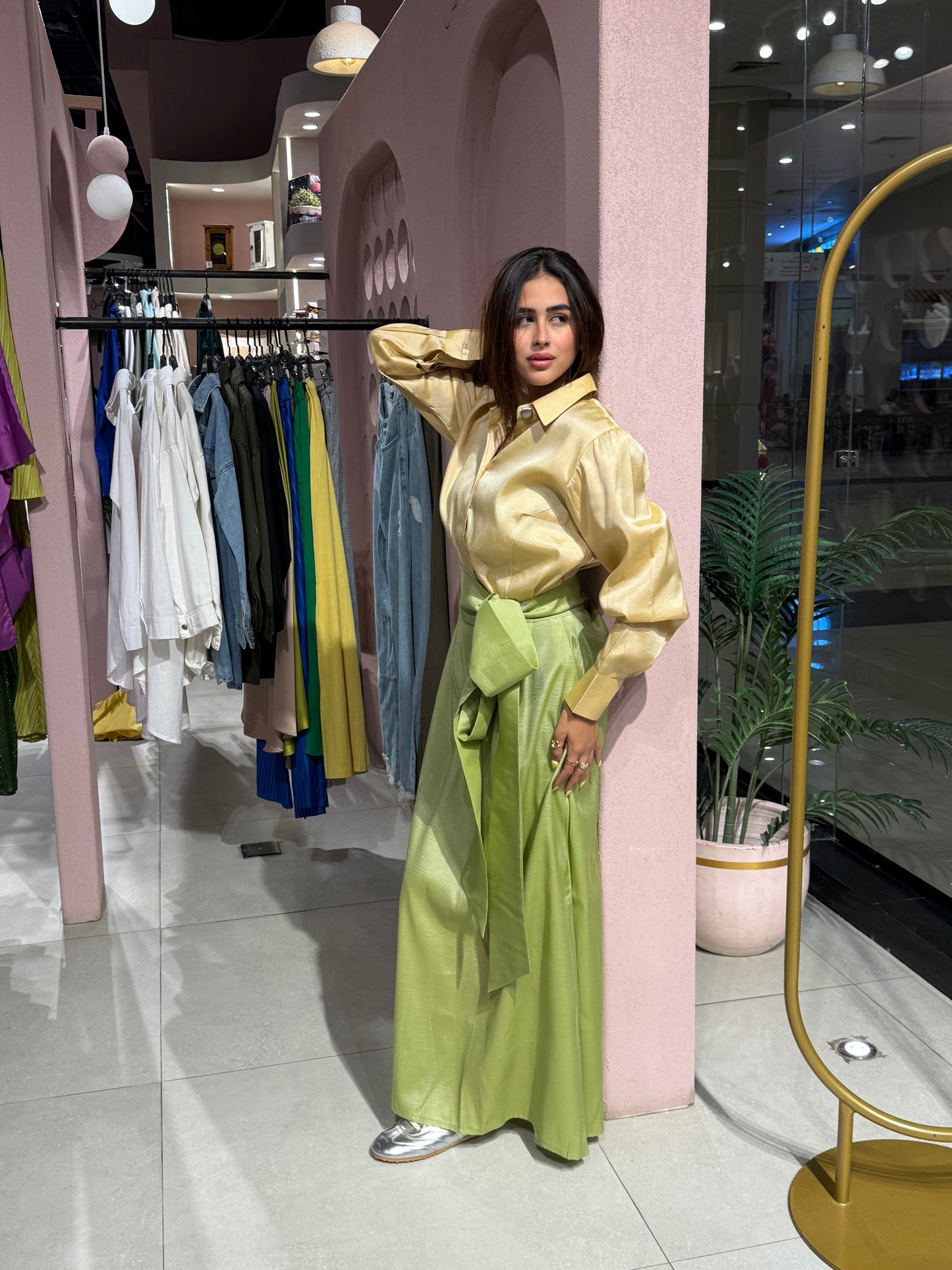 Dual Satin Dress - Lime Green