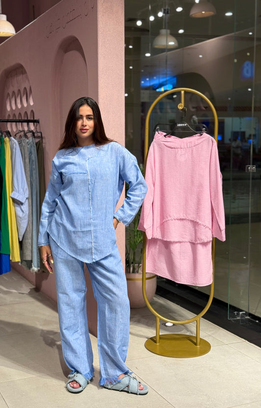 fringe pants set in blue