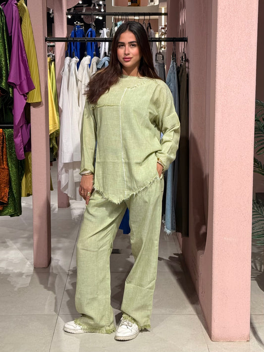 fringe pants set in lime